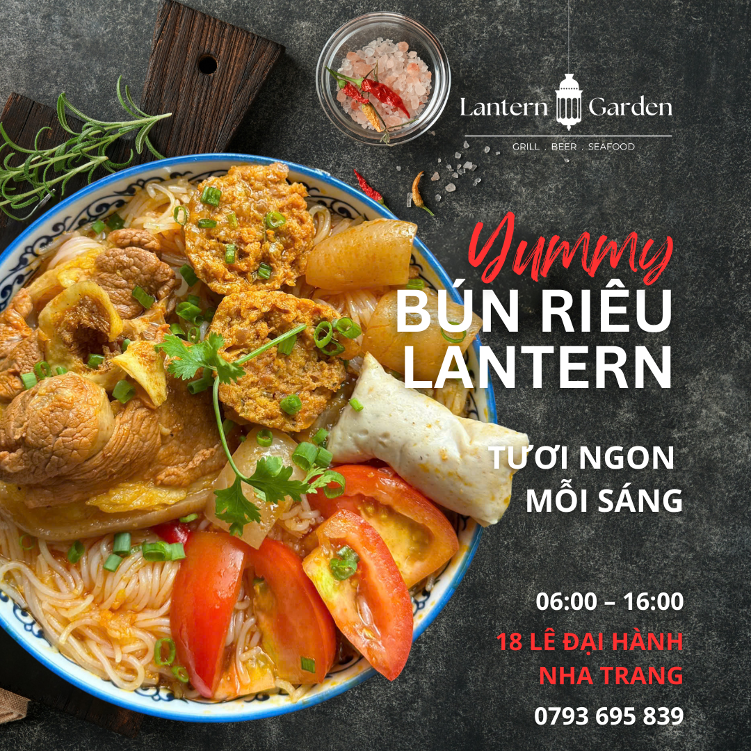 Breakfast Bún Riêu with crab paste and vermicelli at Lantern Garden Nha Trang