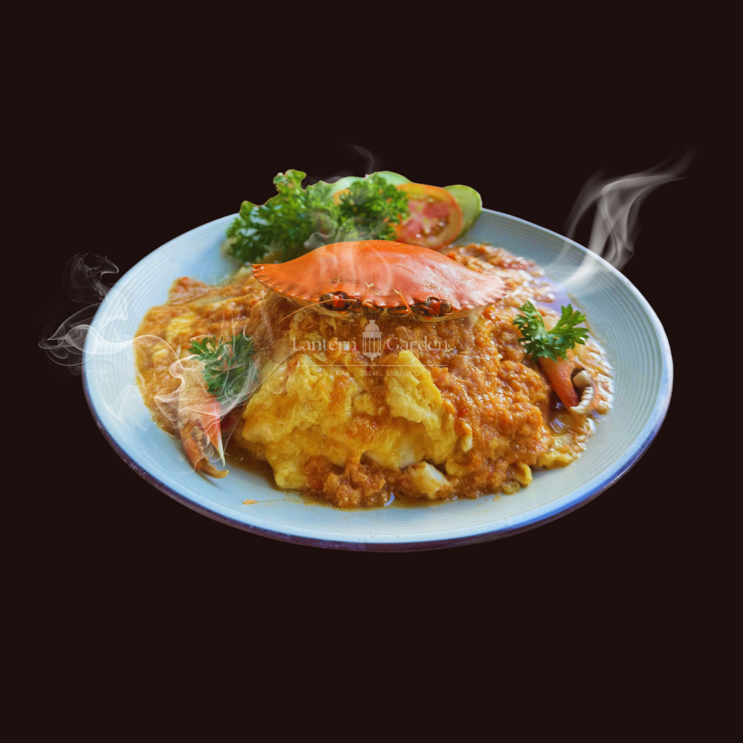 Plate of crab omelette fried rice with steam rising, on a dark background
